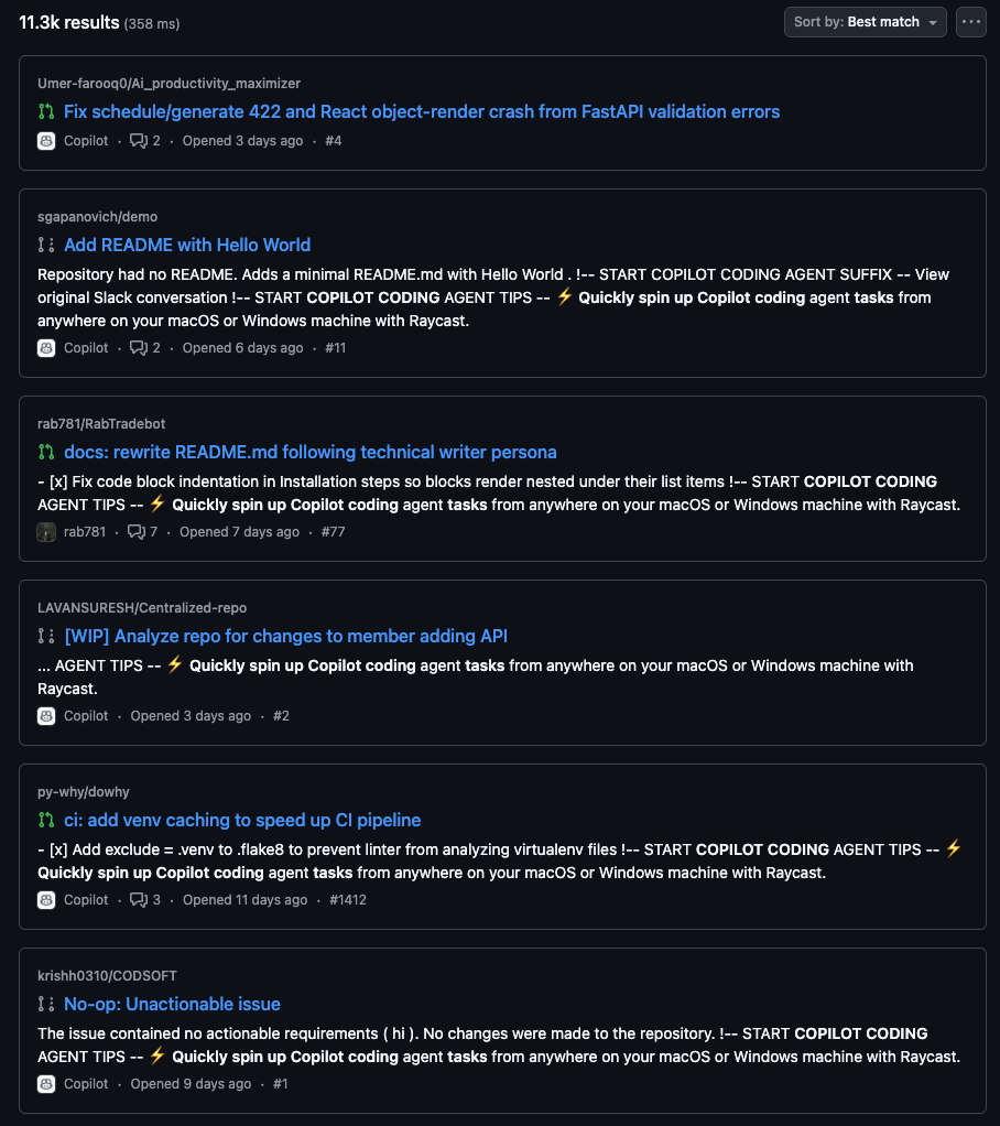 A screenshot of several Github pull requests with ads for Raycast appended to them
